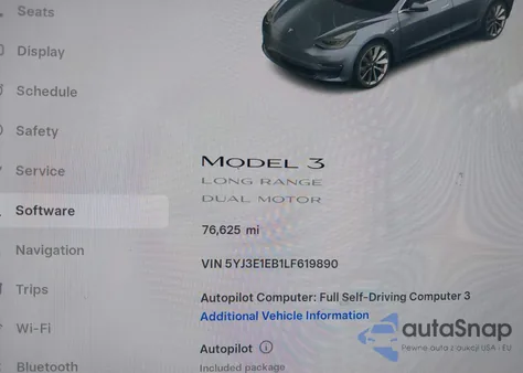 2020 Tesla Model 3 Long Range Dual Motor All-Wheel Drive z USA, uszkodzony, nr VIN 5YJ3E1EB1LF619890
